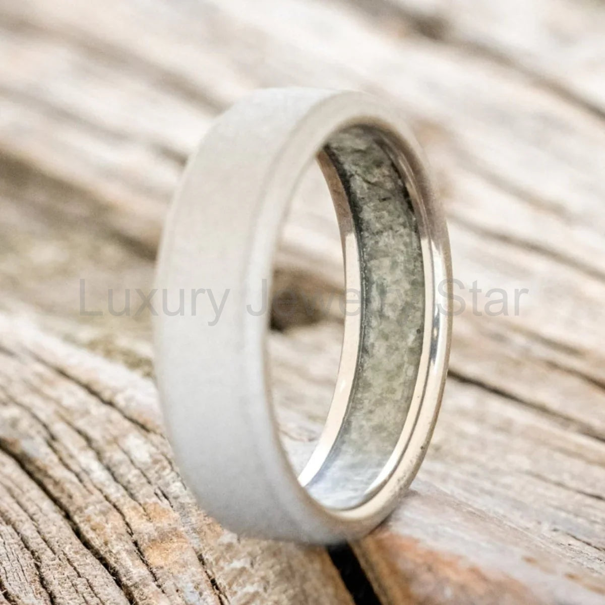 "Hyperion" - Crushed Moss Agate Lined Wedding Band With A Sandblasted Finish - Titanium - image 2