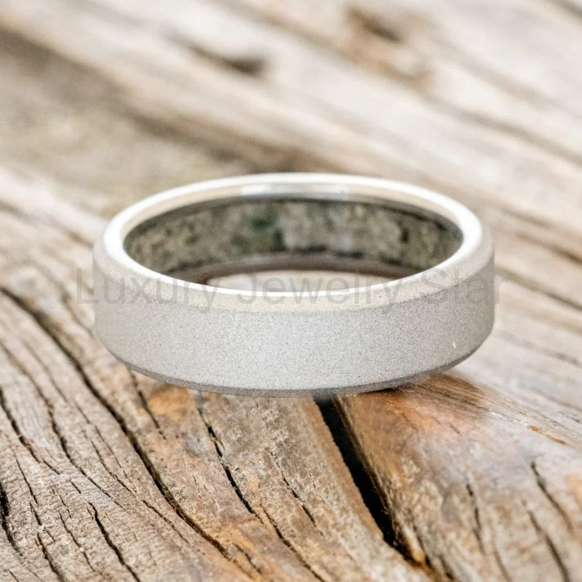 "Hyperion" - Crushed Moss Agate Lined Wedding Band With A Sandblasted Finish - Titanium - image 3