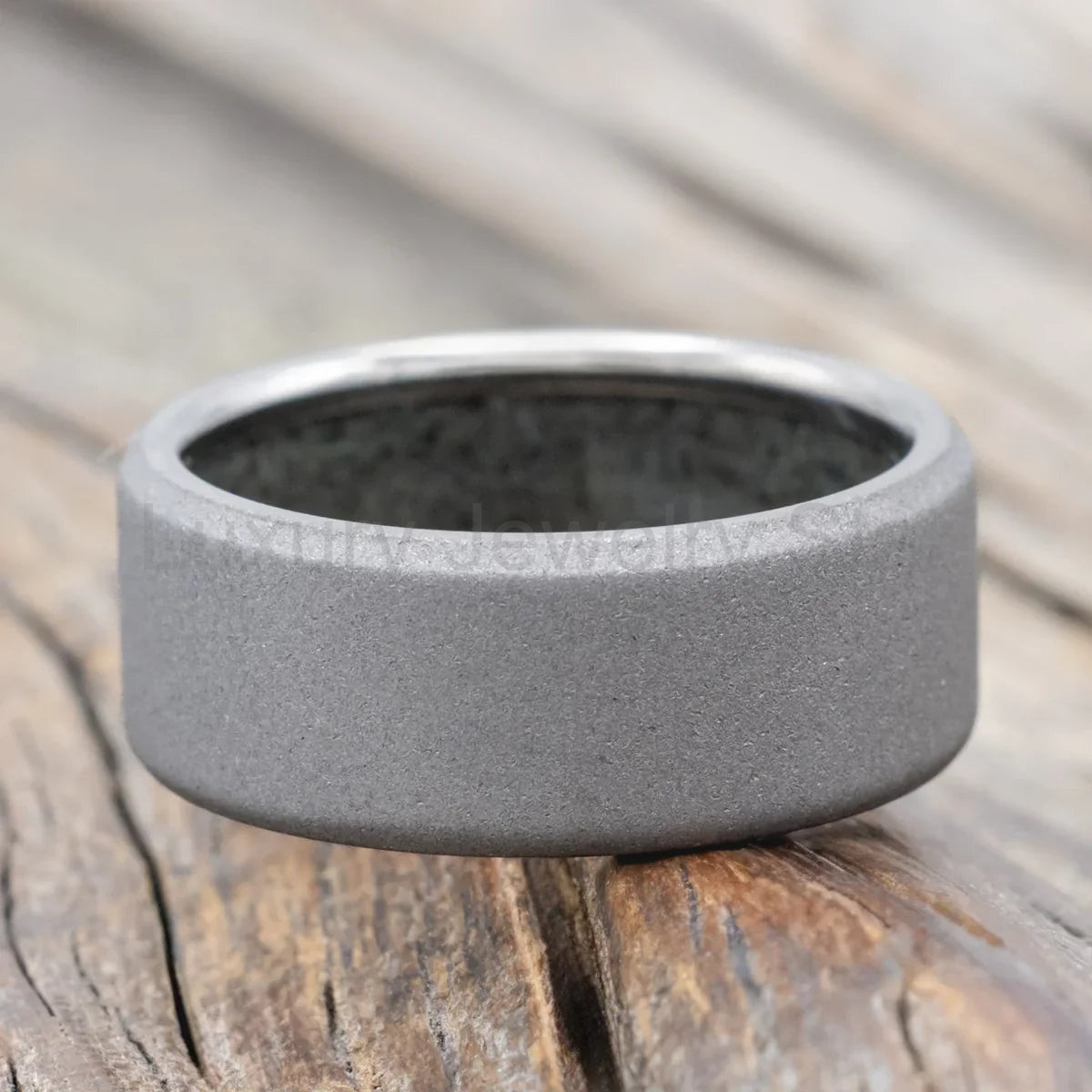 "Hyperion" - Crushed Moss Agate Lined Wedding Band With A Sandblasted Finish - Titanium - image 4