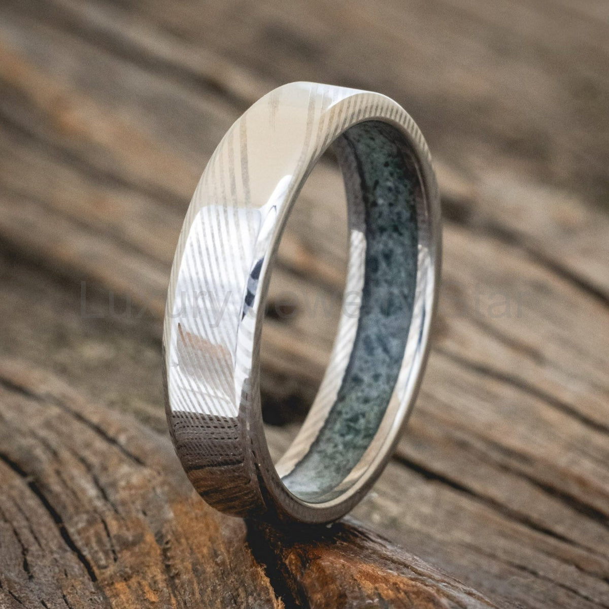 "Hyperion" - Crushed Moss Agate Lined Wedding Band With Custom Finish - image 15