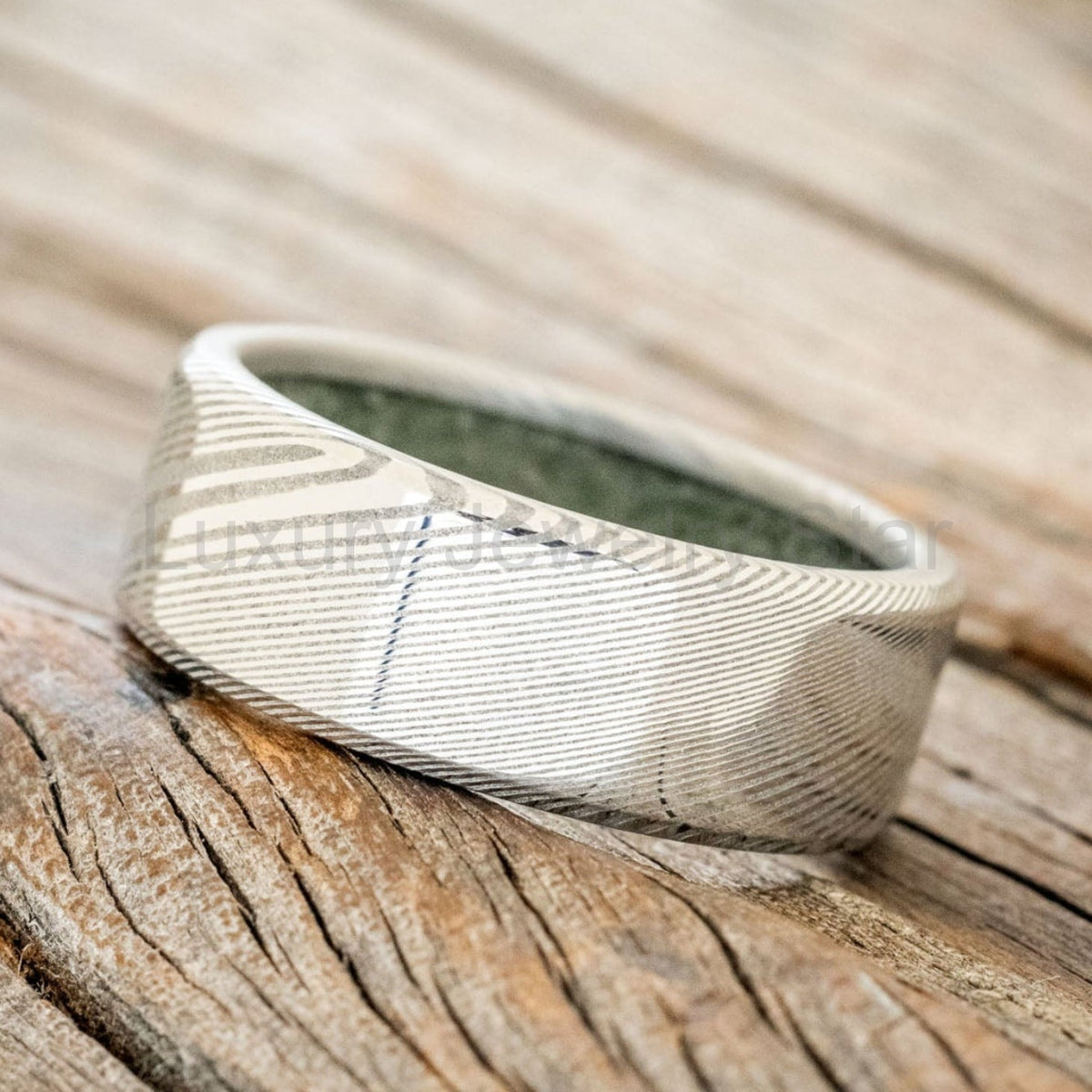 "Hyperion" - Crushed Moss Agate Lined Wedding Band With Custom Finish - image 18