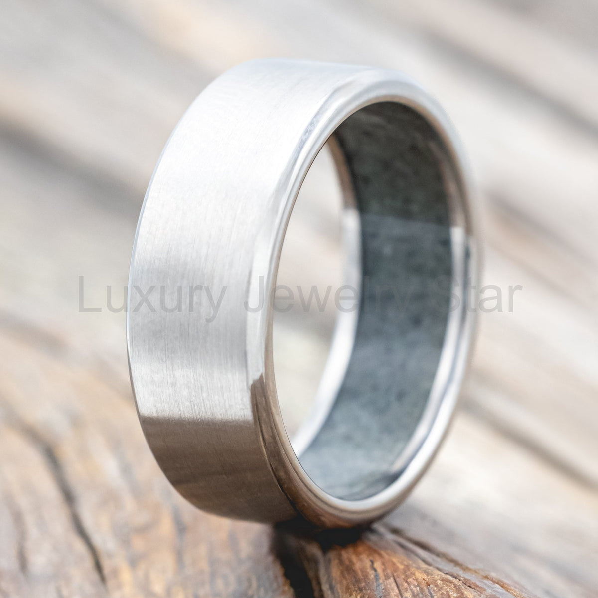 "Hyperion" - Crushed Moss Agate Lined Wedding Band With Custom Finish - image 2