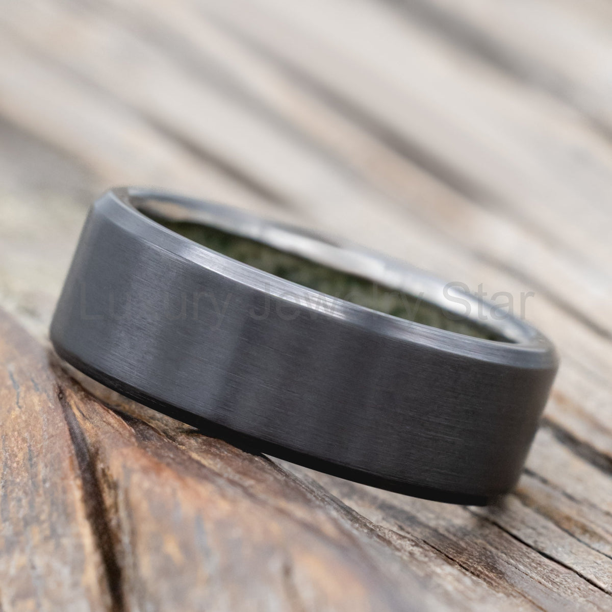 "Hyperion" - Crushed Moss Agate Lined Wedding Band With Custom Finish - image 26