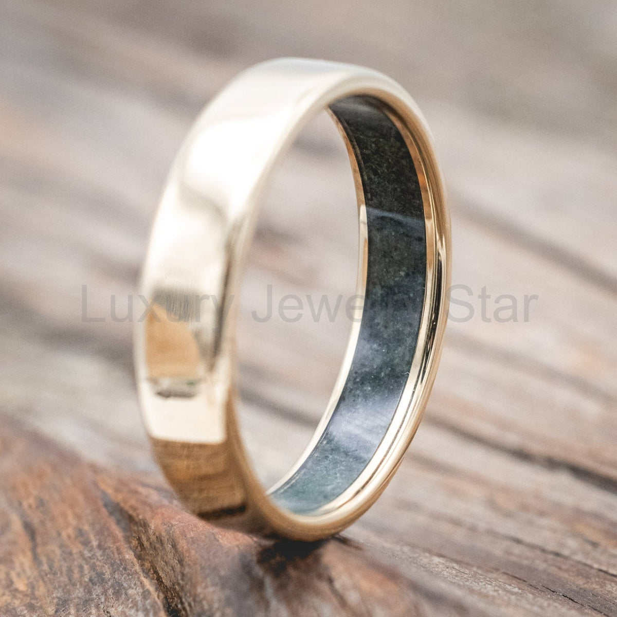 "Hyperion" - Crushed Moss Agate Lined Wedding Band With Custom Finish - image 31