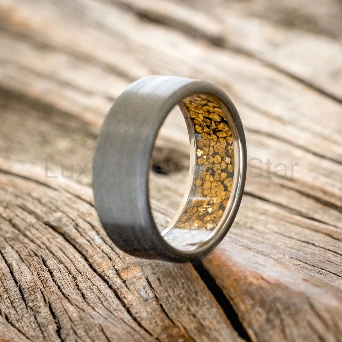 "Hyperion" - Gold Nuggets Lined Wedding Ring With A Brushed Finish - Black Zirconium (8mm) - image 2
