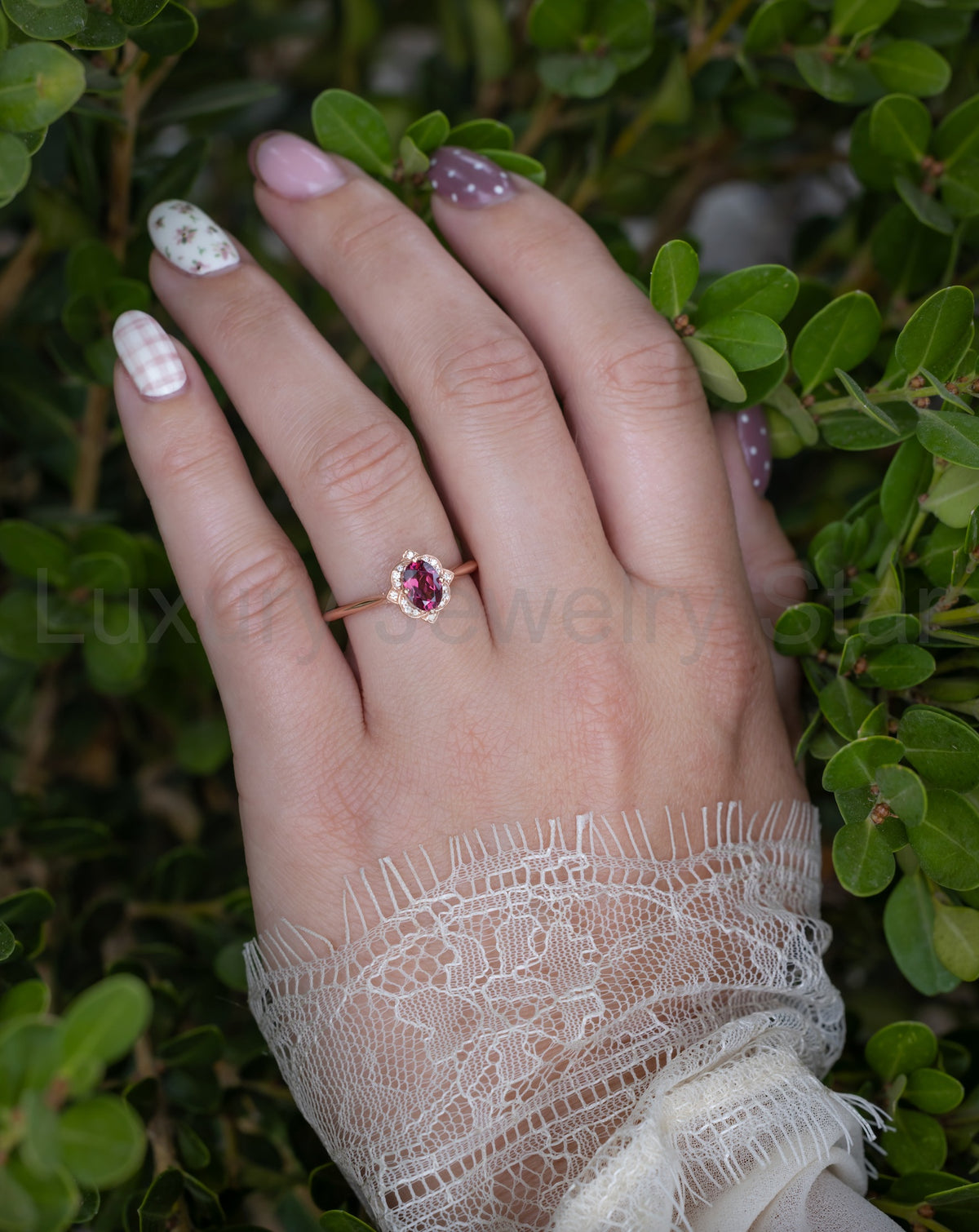 "Jane" - Rhodolite Garnet Engagement Ring With Diamond Accents - image 19