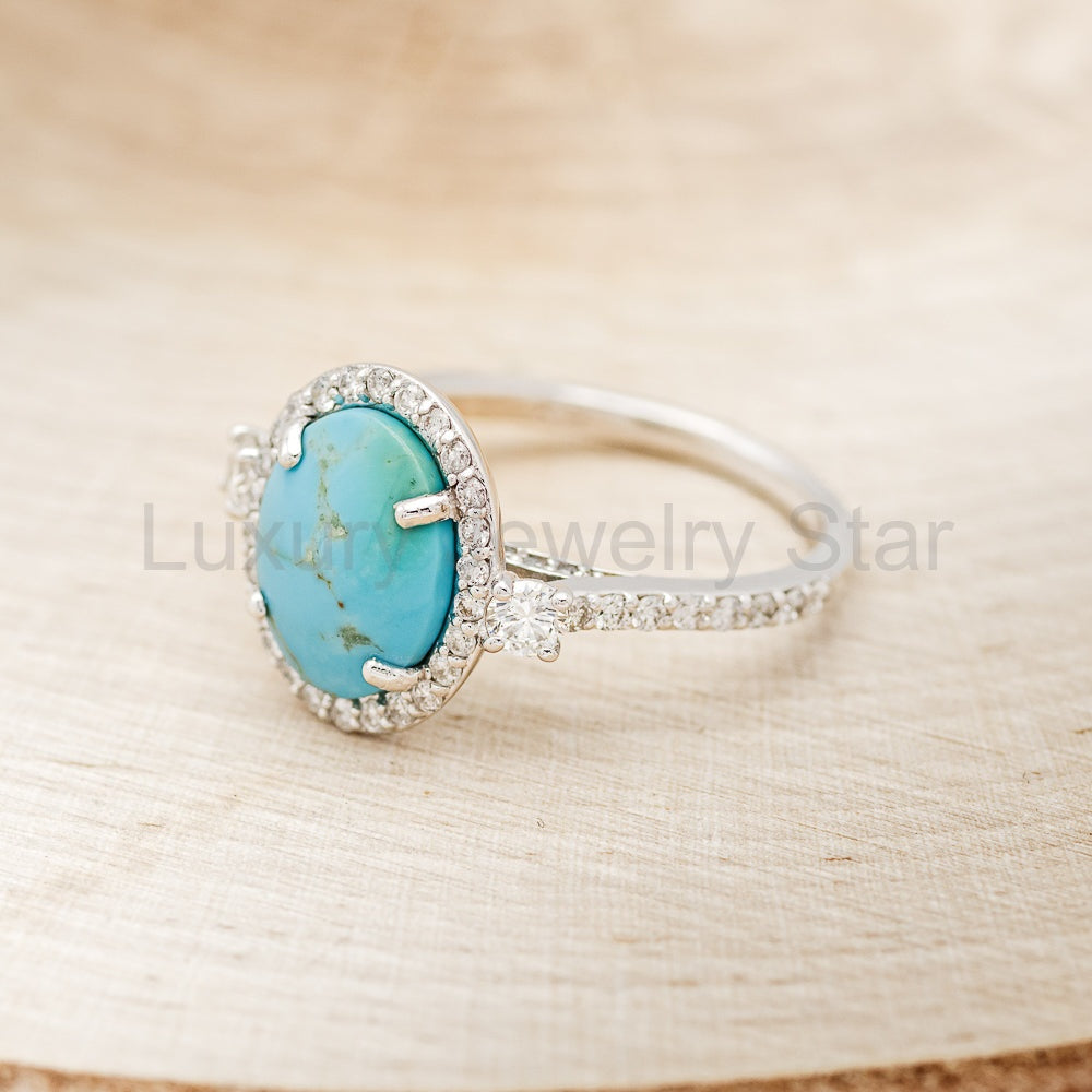"KB" - Oval Turquoise Engagement Ring With Diamond Halo & Accents - Ready To Ship - image 4