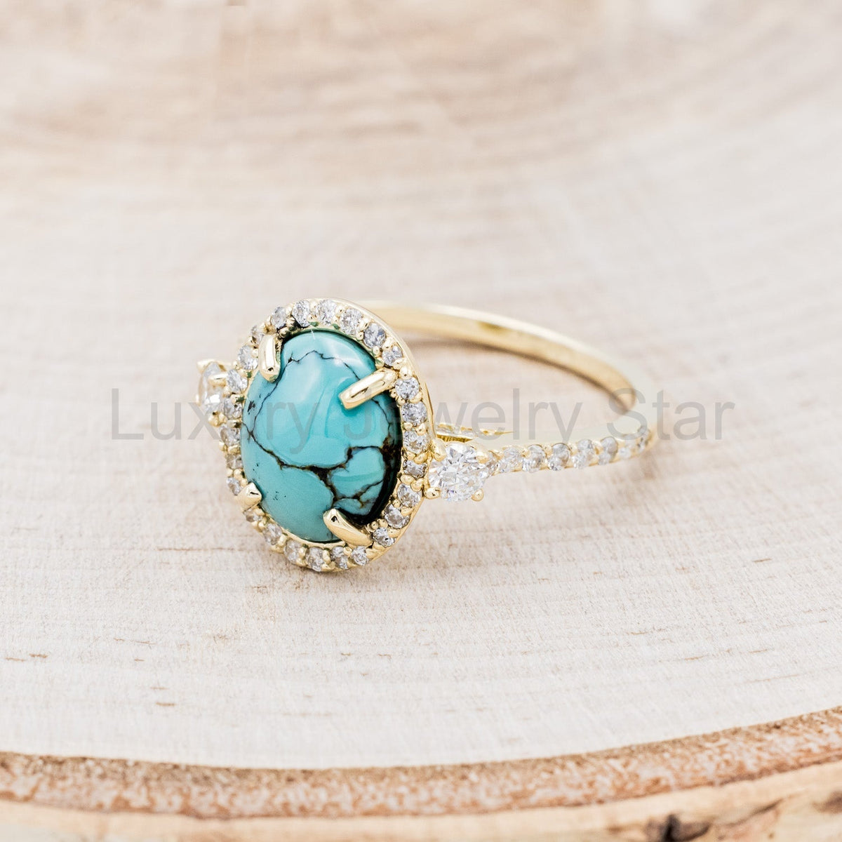 "KB" - Oval Turquoise Engagement Ring With Diamond Halo & Accents - Ready To Ship - image 9