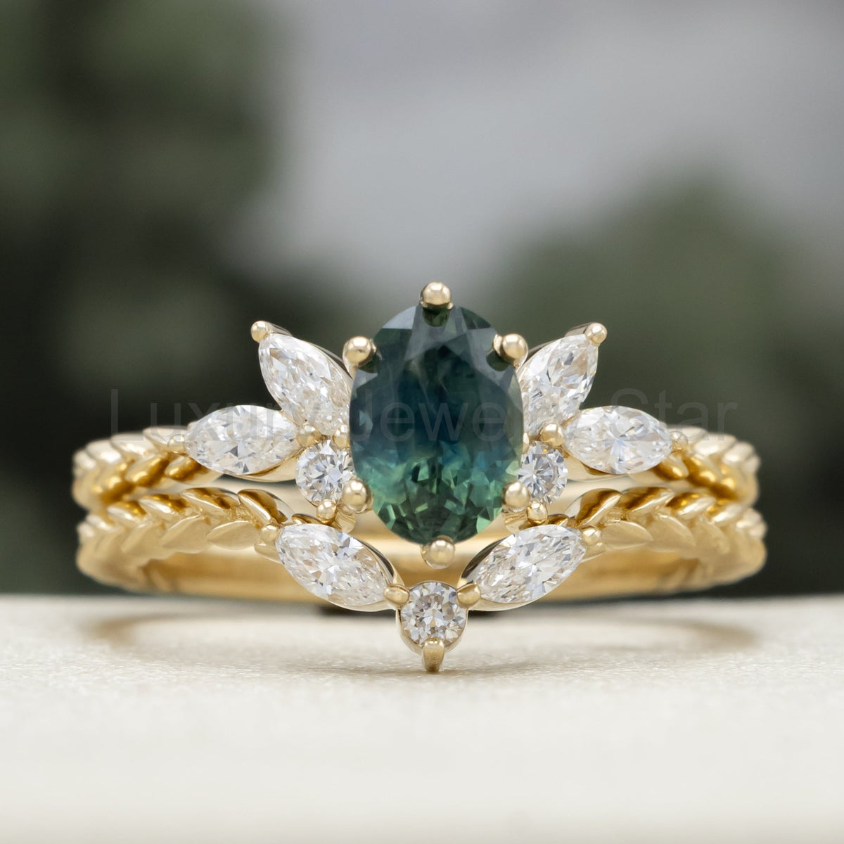 "Laurel" - Bridal Suite - Oval Cut Montana Sapphire Wedding Ring Set With Lab-Grown - image 5