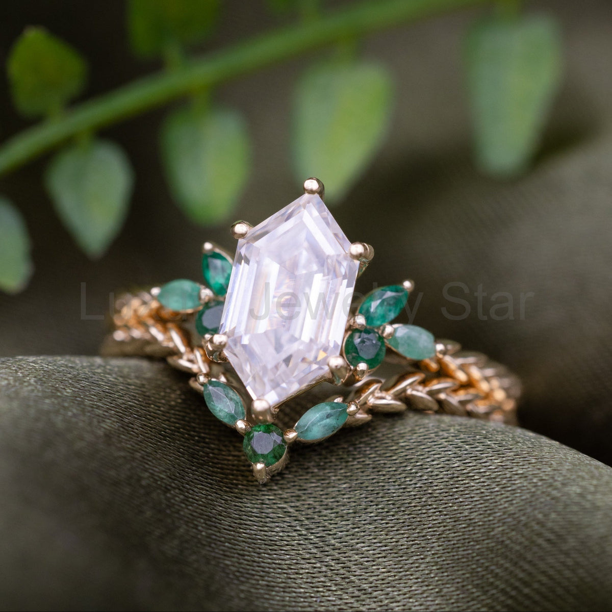 "Laurel" - Elongated Hexagon Moissanite Engagement Ring With Emerald Accents & Wedding Tracer