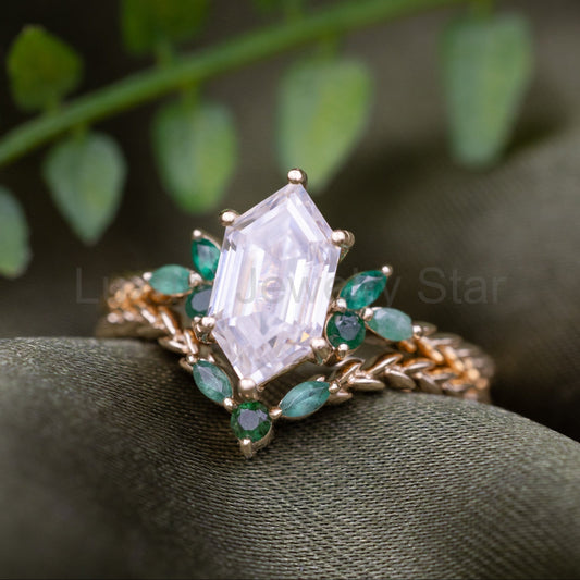 "Laurel" - Elongated Hexagon Moissanite Engagement Ring With Emerald Accents & Wedding Tracer