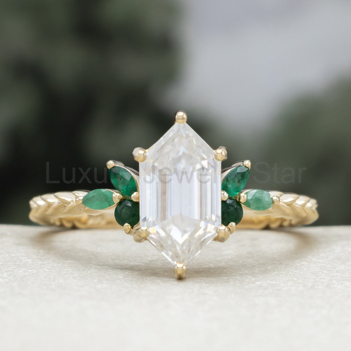 "Laurel" - Elongated Hexagon Moissanite Engagement Ring With Emerald Accents & Wedding - image 4