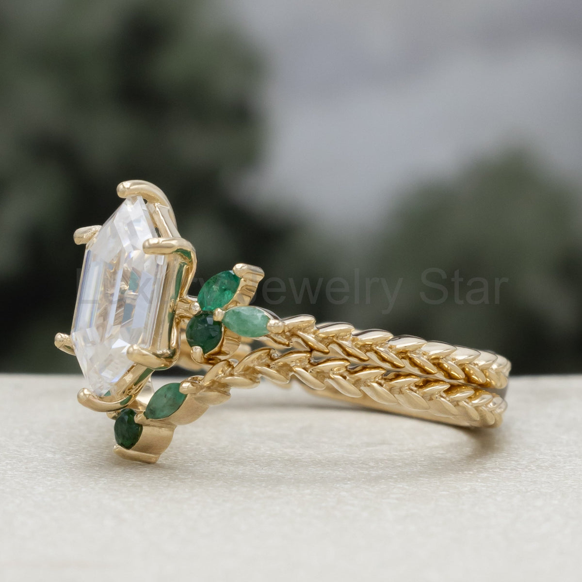 "Laurel" - Elongated Hexagon Moissanite Engagement Ring With Emerald Accents & Wedding - image 5