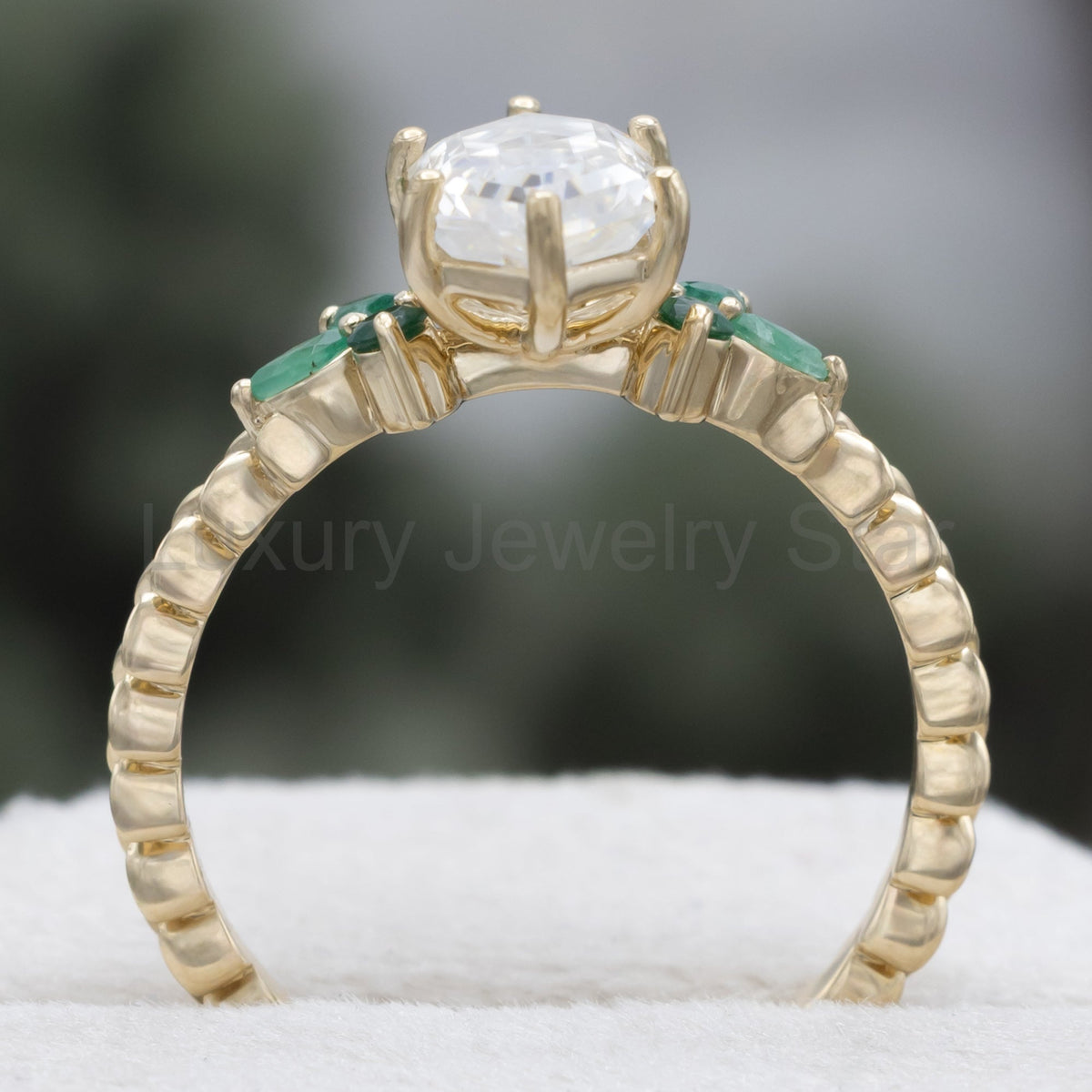 "Laurel" - Elongated Hexagon Moissanite Engagement Ring With Emerald Accents & Wedding - image 8