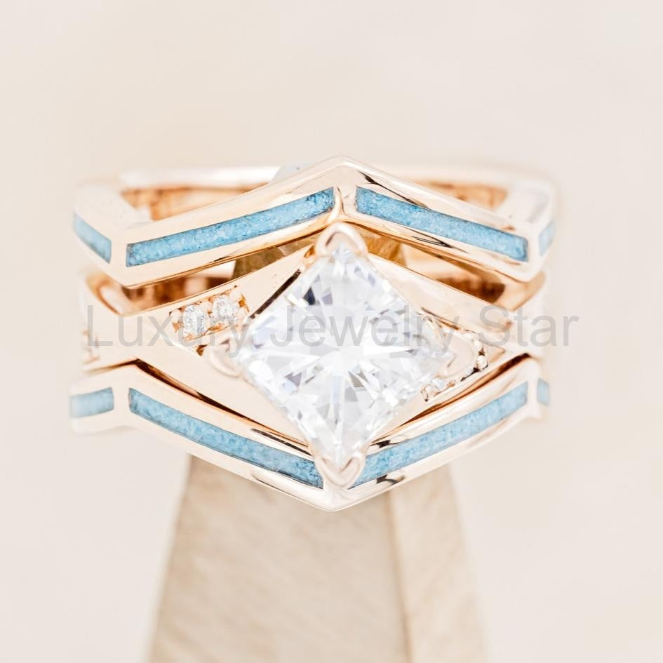 "Lina" - Princess Cut Moissanite Engagement Ring With Turquoise Ring Guard - 14K Rose Gold - Size 6