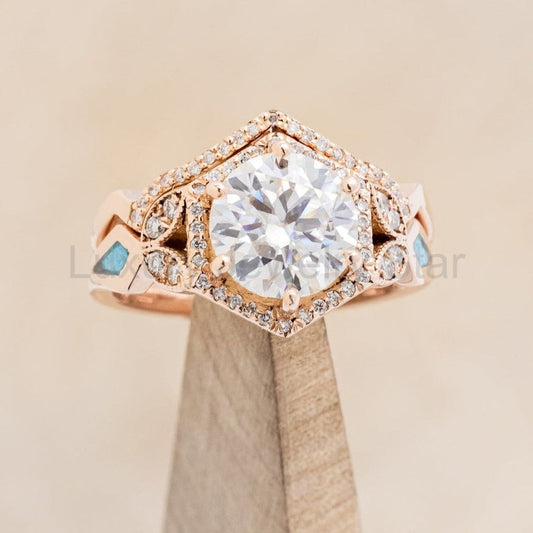 "Lucy In The Sky" - Round Cut Moissanite Engagement Ring With Diamonds, Turquoise Inlays & A Diamond