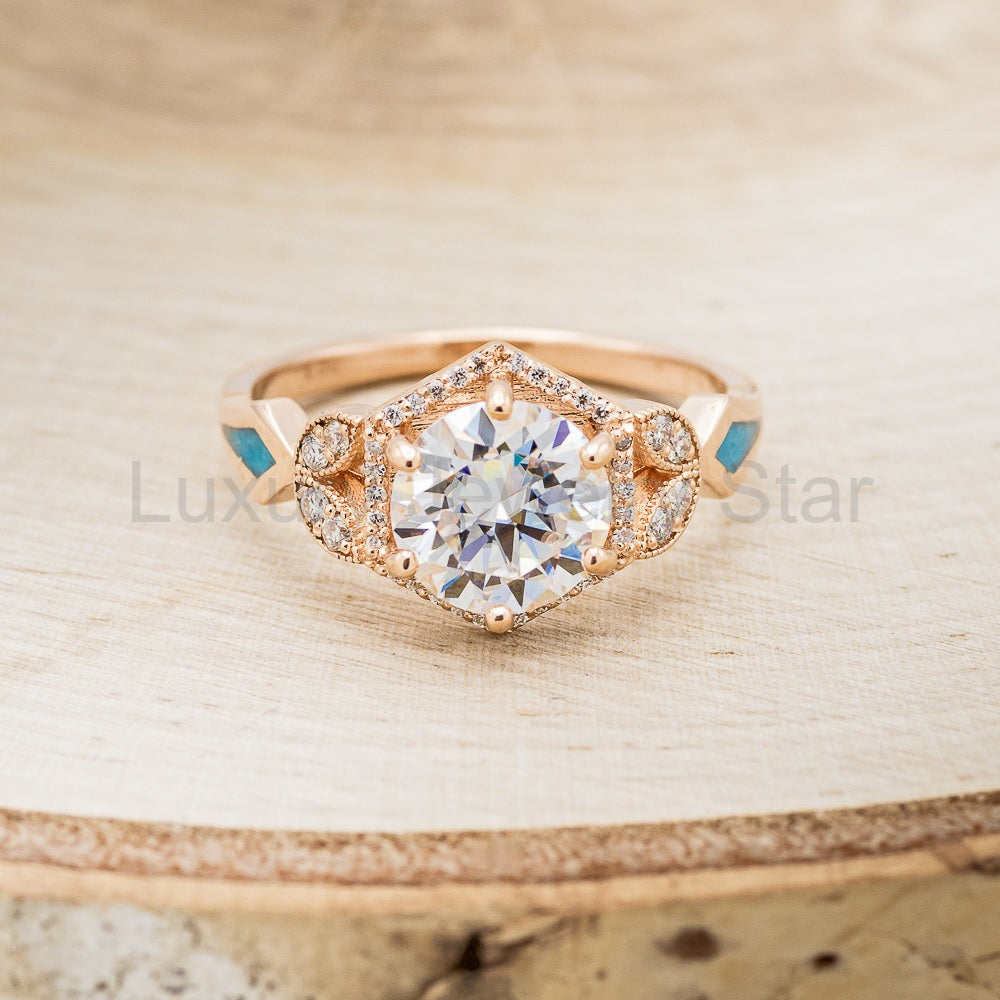 "Lucy In The Sky" - Round Cut Moissanite Engagement Ring With Diamonds, Turquoise Inlays - image 11