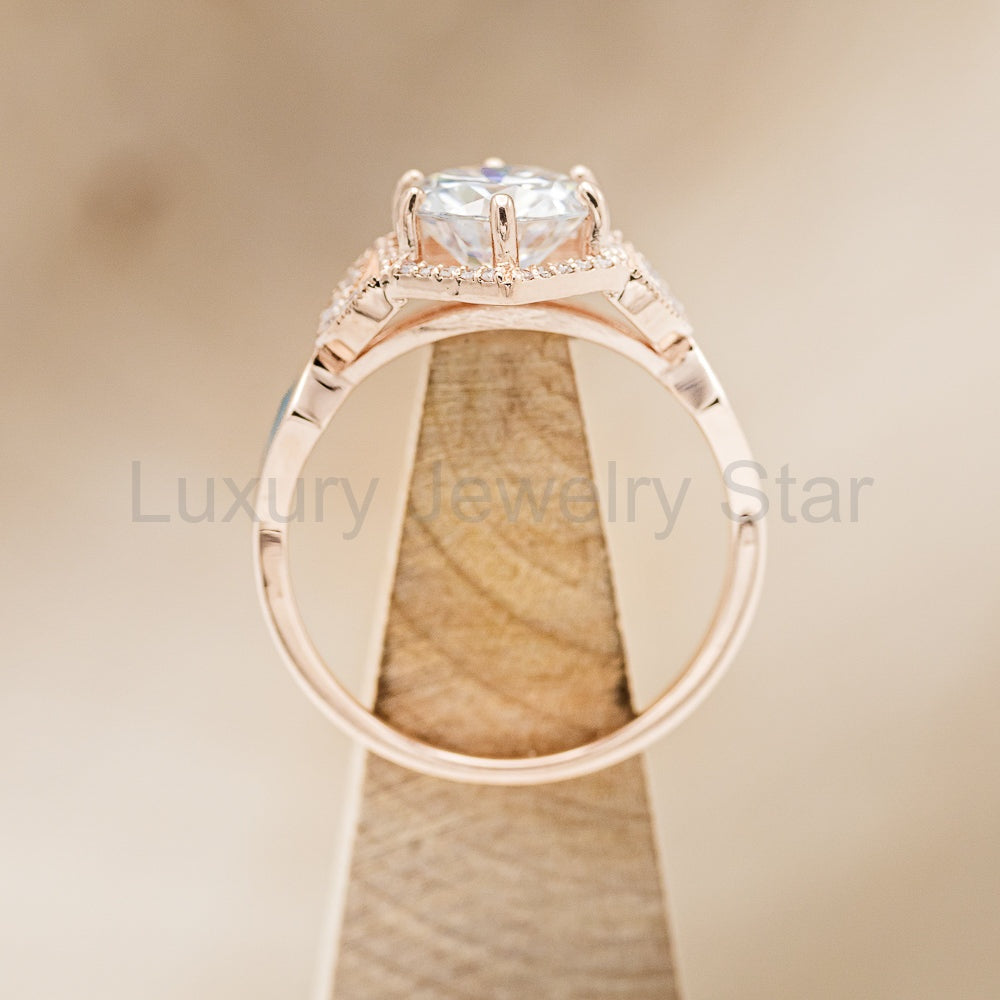 "Lucy In The Sky" - Round Cut Moissanite Engagement Ring With Diamonds, Turquoise Inlays - image 12