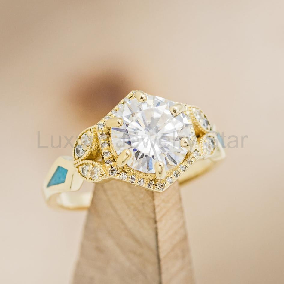"Lucy In The Sky" - Round Cut Moissanite Engagement Ring With Diamonds, Turquoise Inlays - image 13