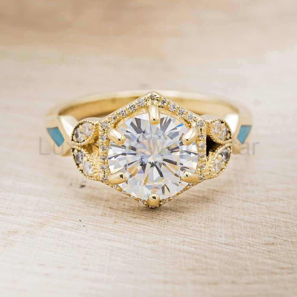 "Lucy In The Sky" - Round Cut Moissanite Engagement Ring With Diamonds, Turquoise Inlays - image 14