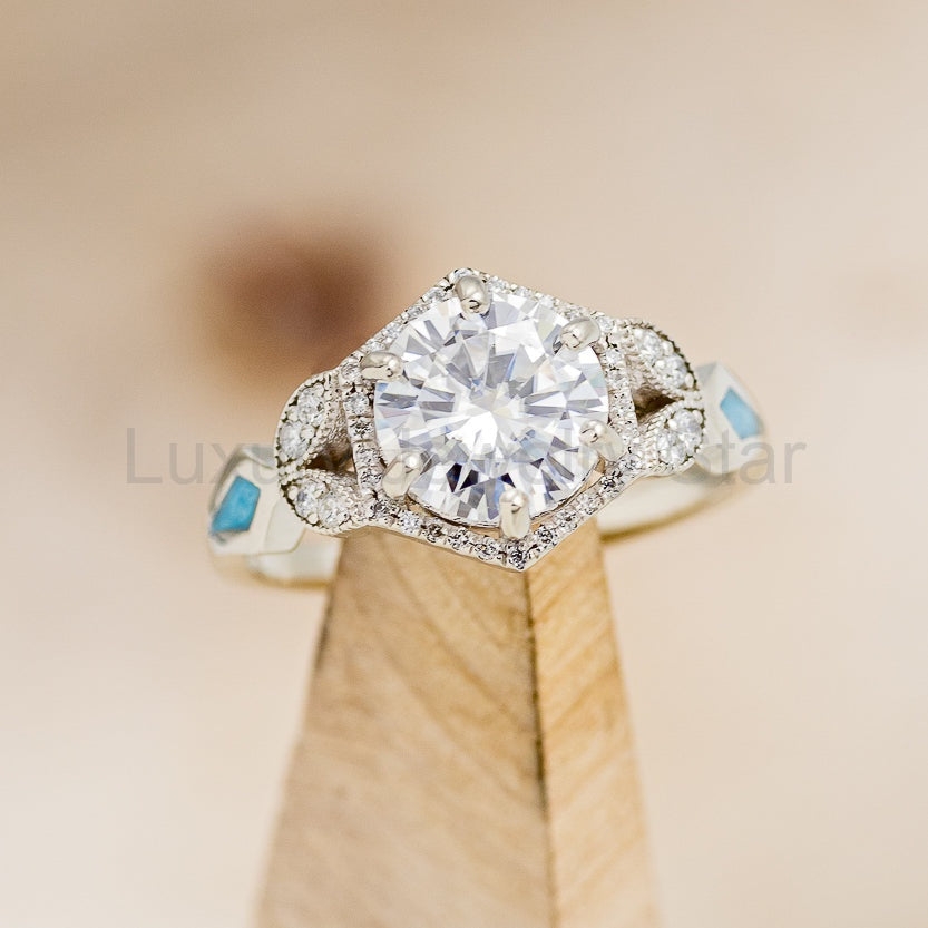 "Lucy In The Sky" - Round Cut Moissanite Engagement Ring With Diamonds, Turquoise Inlays - image 15