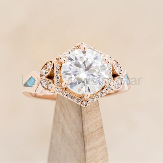 "Lucy In The Sky" - Round Cut Moissanite Engagement Ring With Diamonds, Turquoise Inlays & - image 2