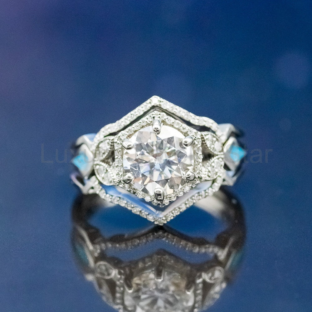 "Lucy In The Sky" - Round Cut Moissanite Engagement Ring With Diamonds, Turquoise Inlays & - image 3