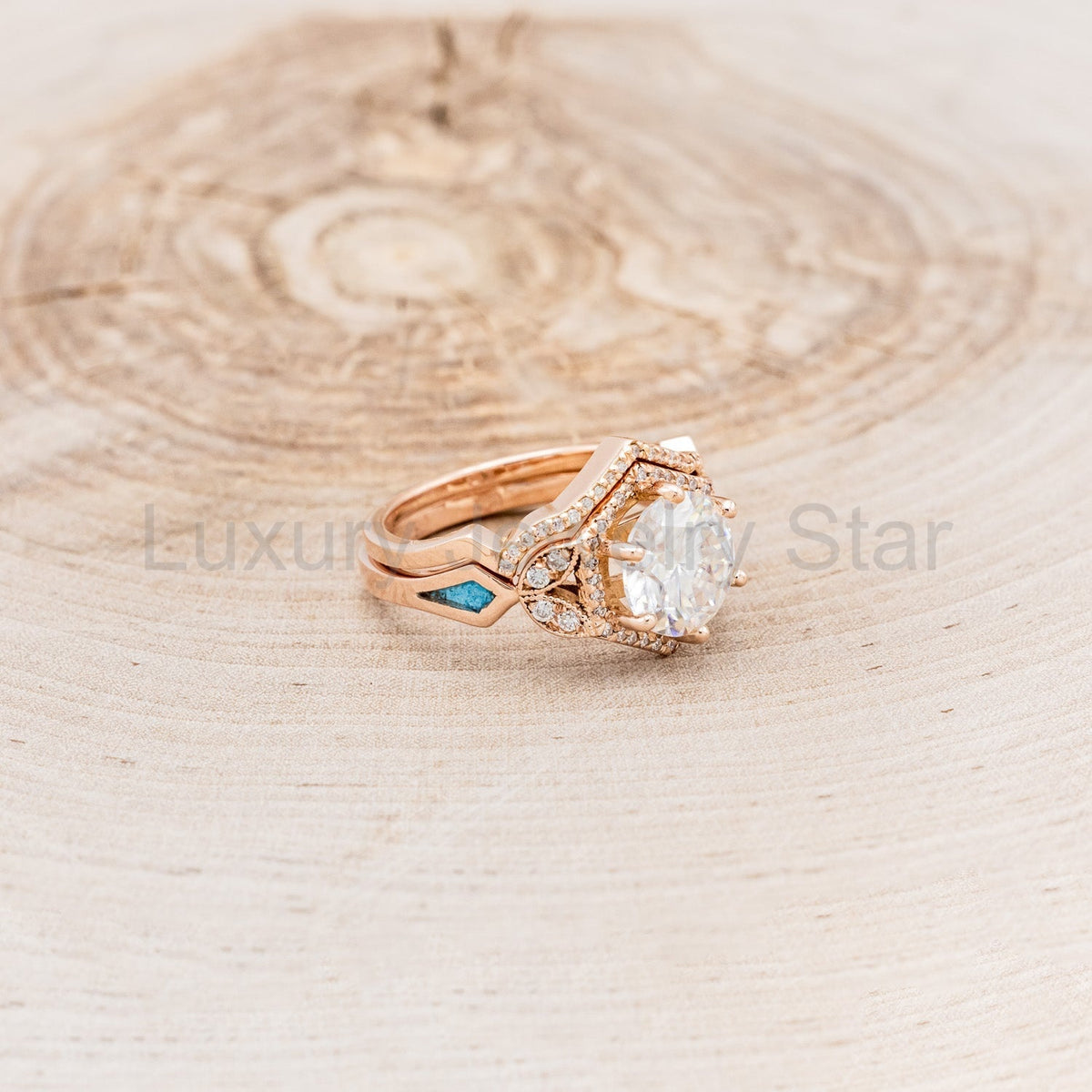 "Lucy In The Sky" - Round Cut Moissanite Engagement Ring With Diamonds, Turquoise Inlays & - image 4