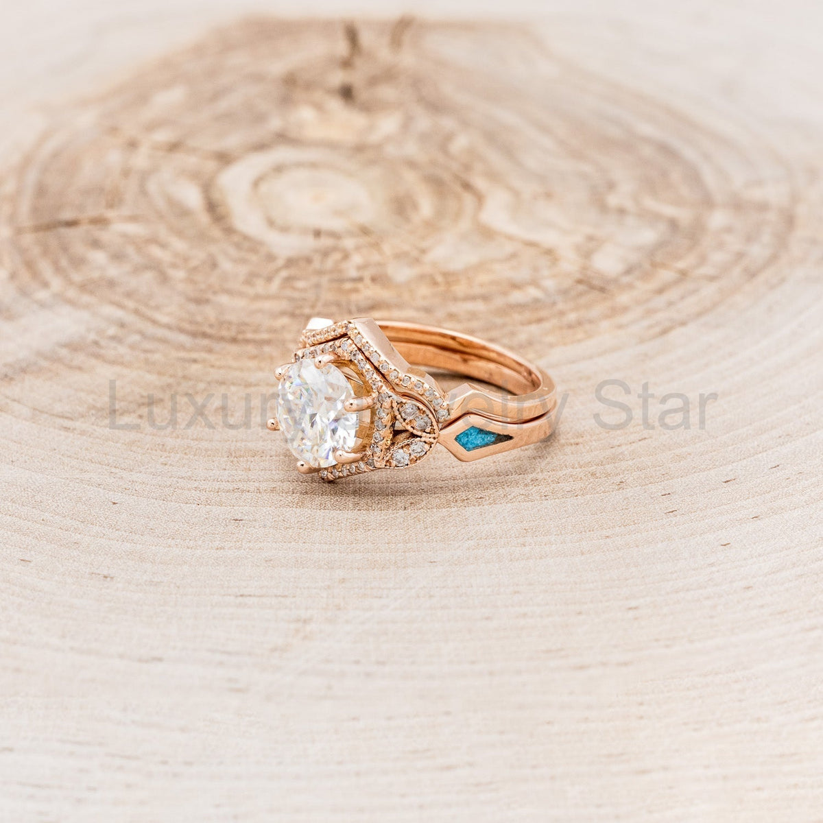"Lucy In The Sky" - Round Cut Moissanite Engagement Ring With Diamonds, Turquoise Inlays & - image 5