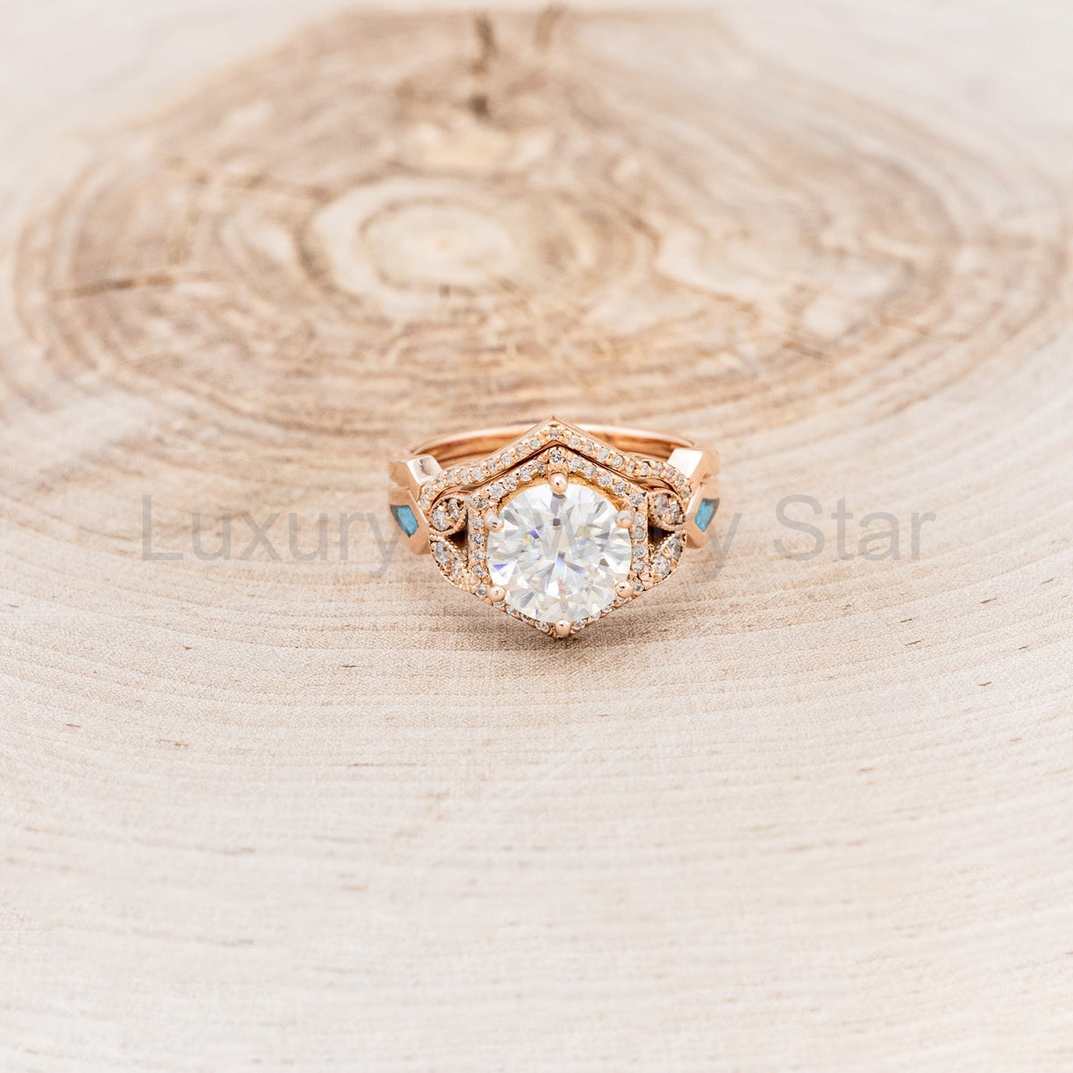 "Lucy In The Sky" - Round Cut Moissanite Engagement Ring With Diamonds, Turquoise Inlays & - image 7