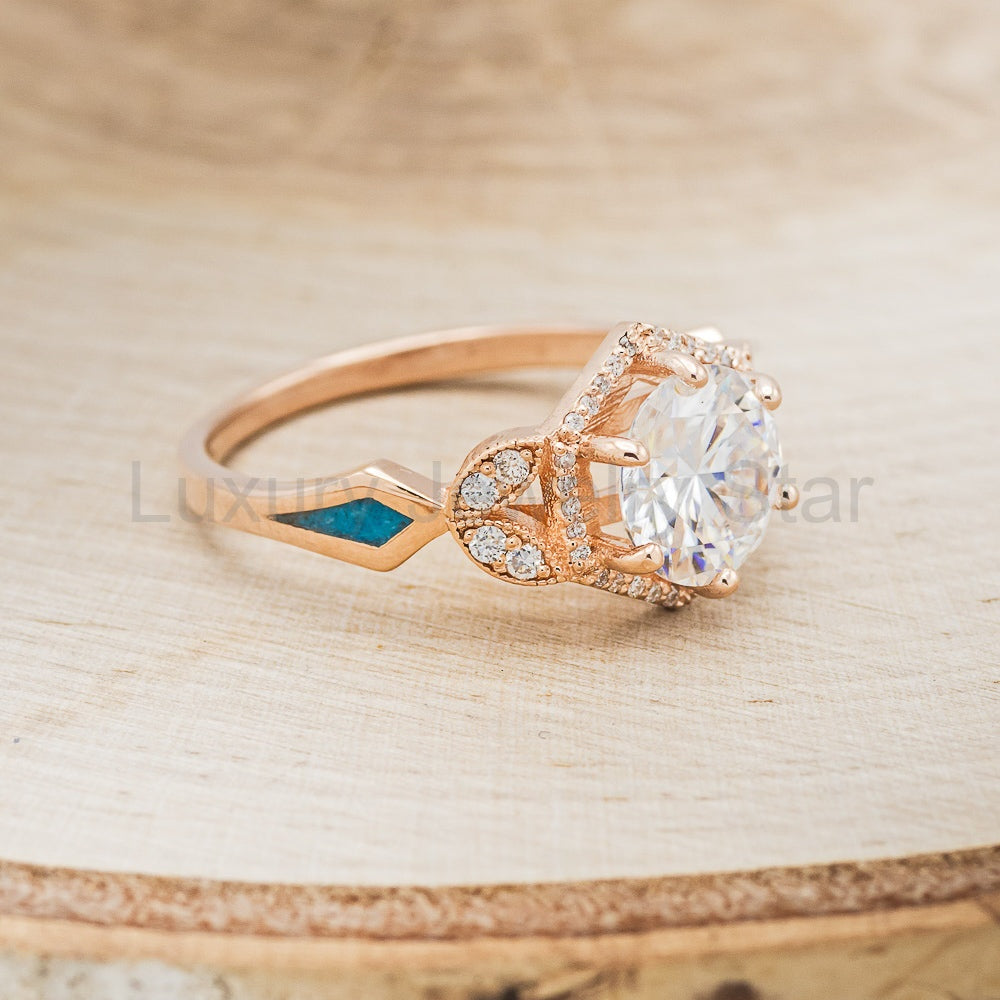 "Lucy In The Sky" - Round Cut Moissanite Engagement Ring With Diamonds, Turquoise Inlays & - image 8