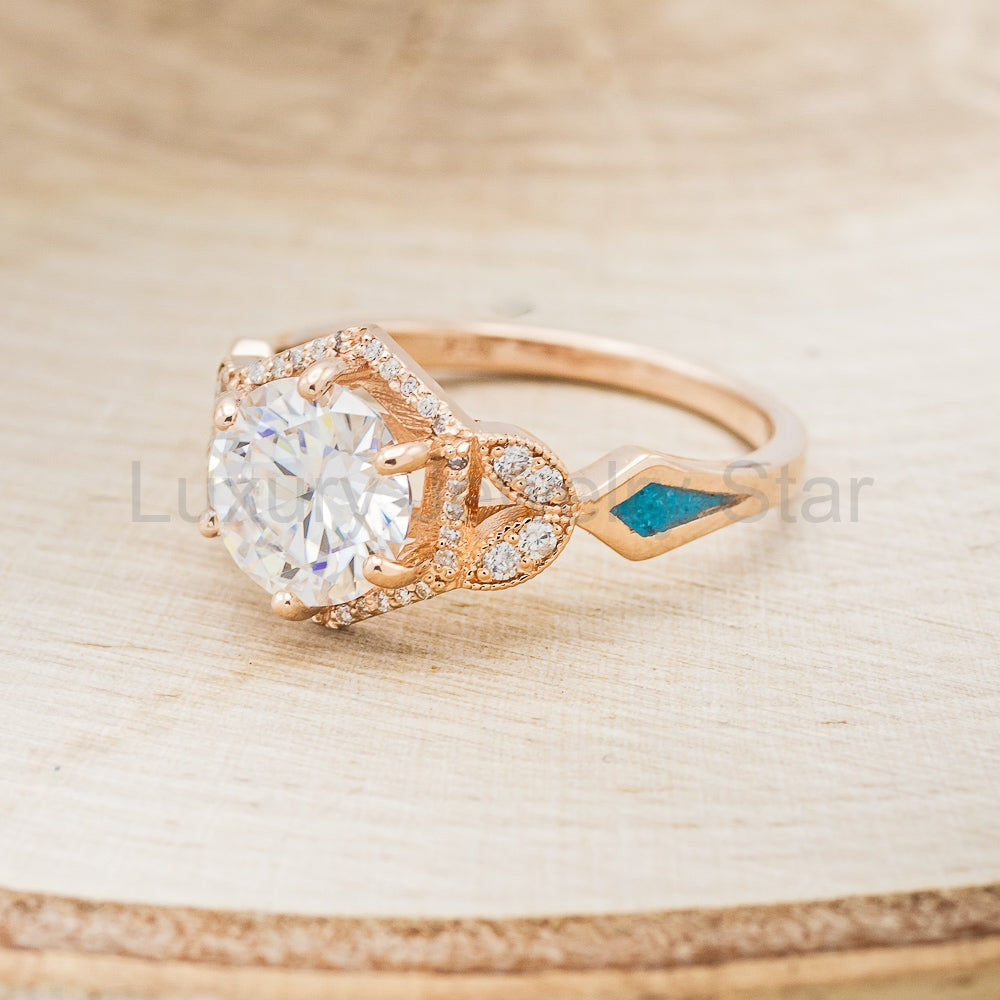 "Lucy In The Sky" - Round Cut Moissanite Engagement Ring With Diamonds, Turquoise Inlays & - image 9