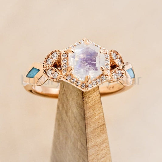 "Lucy In The Sky" Petite - Hexagon Cut Moonstone Engagement Ring With Diamond Accents & Turquoise