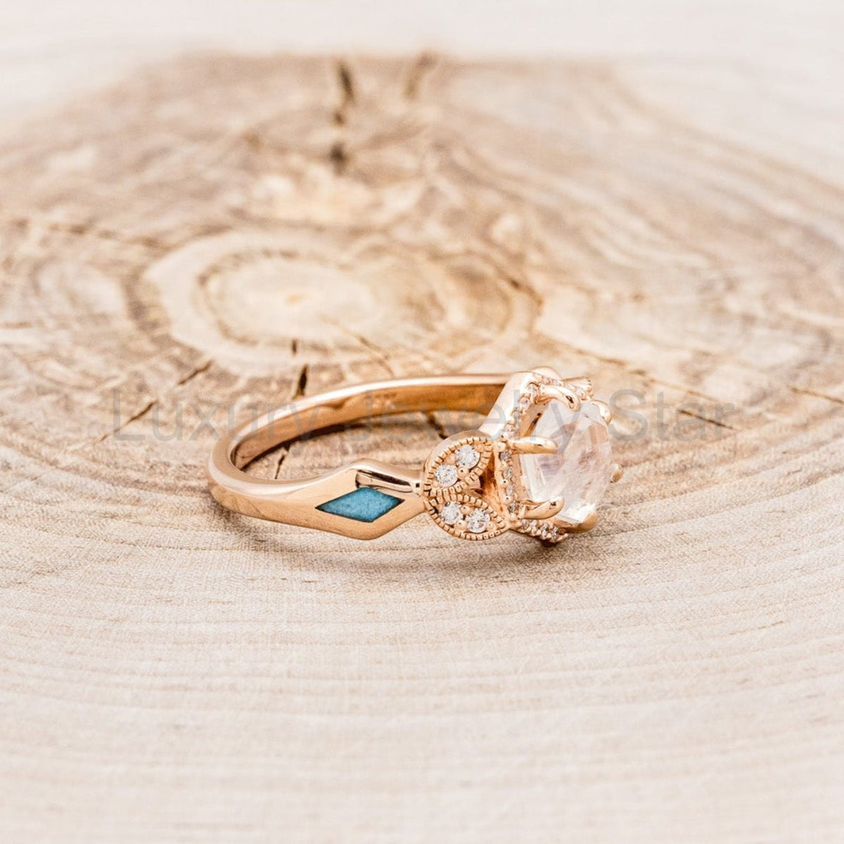 "Lucy In The Sky" Petite - Hexagon Cut Moonstone Engagement Ring With Diamond Accents & - image 2