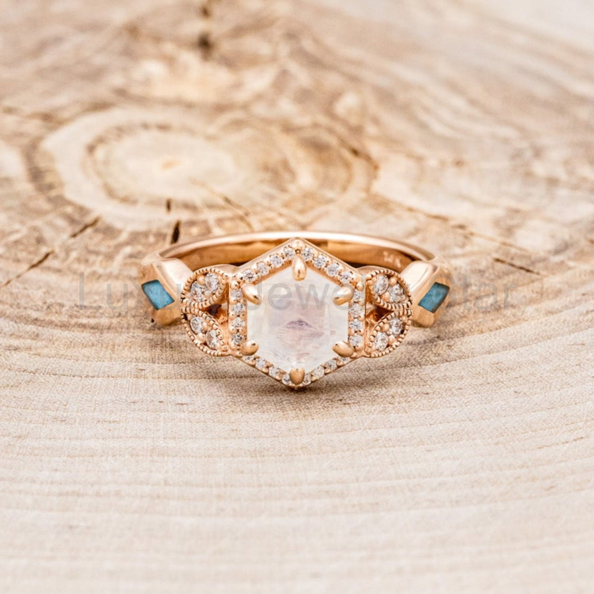 "Lucy In The Sky" Petite - Hexagon Cut Moonstone Engagement Ring With Diamond Accents & - image 4