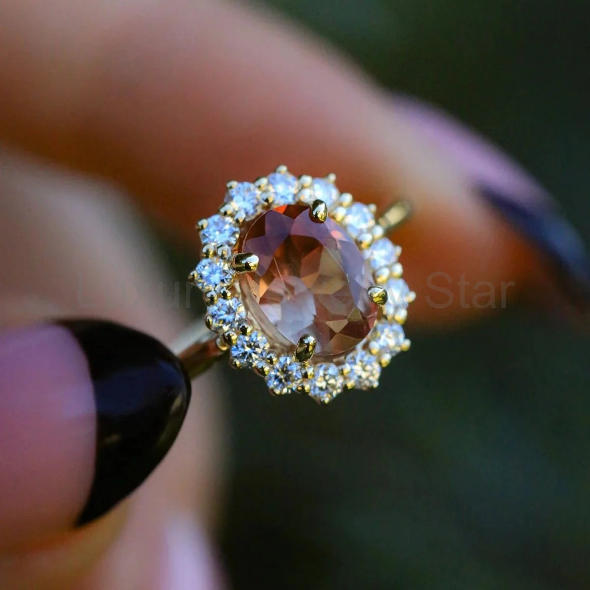 "Malina" - Oval Cut Oregon Sunstone Engagement Ring With Diamond Halo - 14K Yellow Gold - Size 6