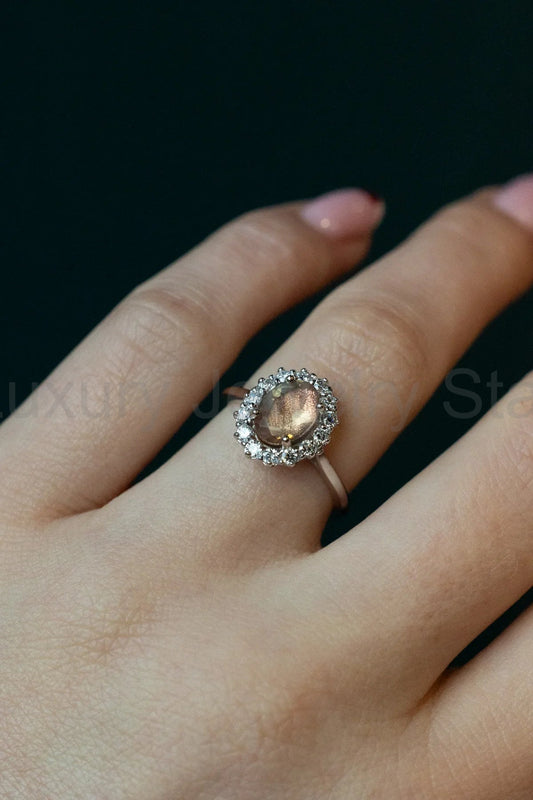 "Malina" - Oval Cut Oregon Sunstone Engagement Ring With Diamond Halo - 14K Yellow Gold - image 2