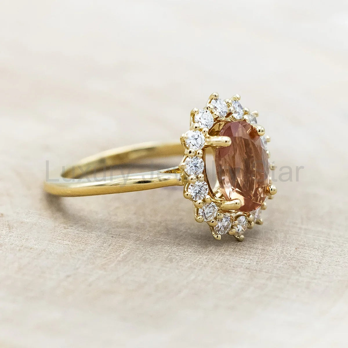 "Malina" - Oval Cut Oregon Sunstone Engagement Ring With Diamond Halo - 14K Yellow Gold - image 4