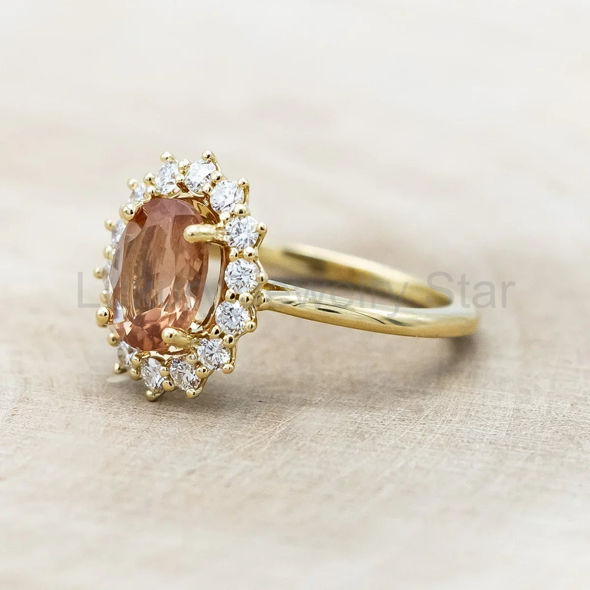 "Malina" - Oval Cut Oregon Sunstone Engagement Ring With Diamond Halo - 14K Yellow Gold - image 5