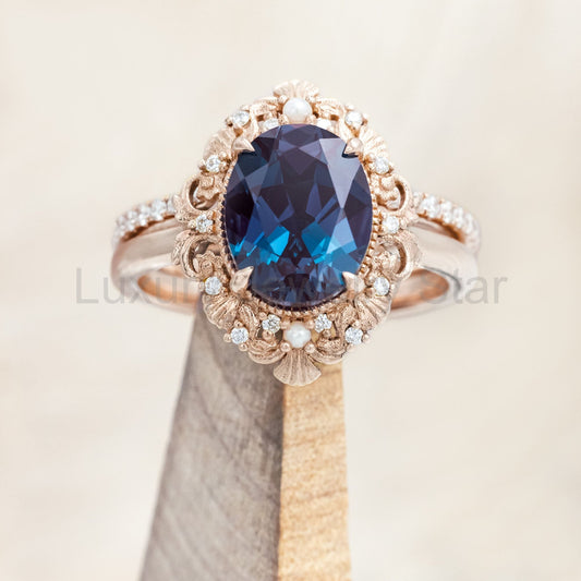 "Merrow" - Lab-Grown Alexandrite Engagement Ring With Pearl Accents And Diamond Tracer