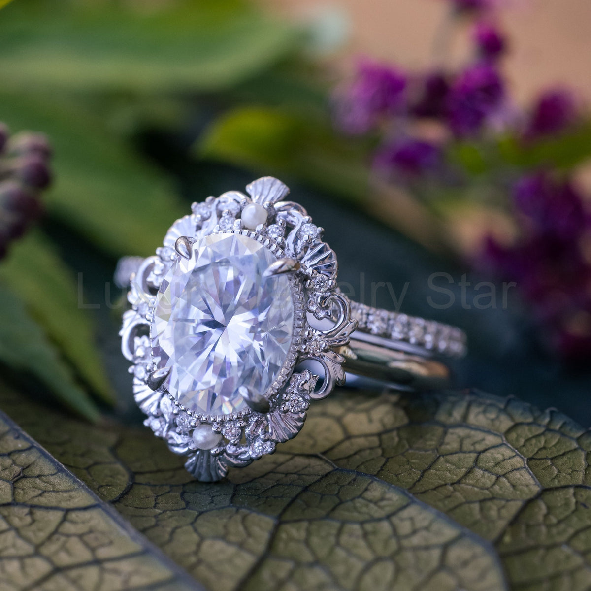 "Merrow" - Moissanite Engagement Ring With Pearl Accents And Diamond Tracer