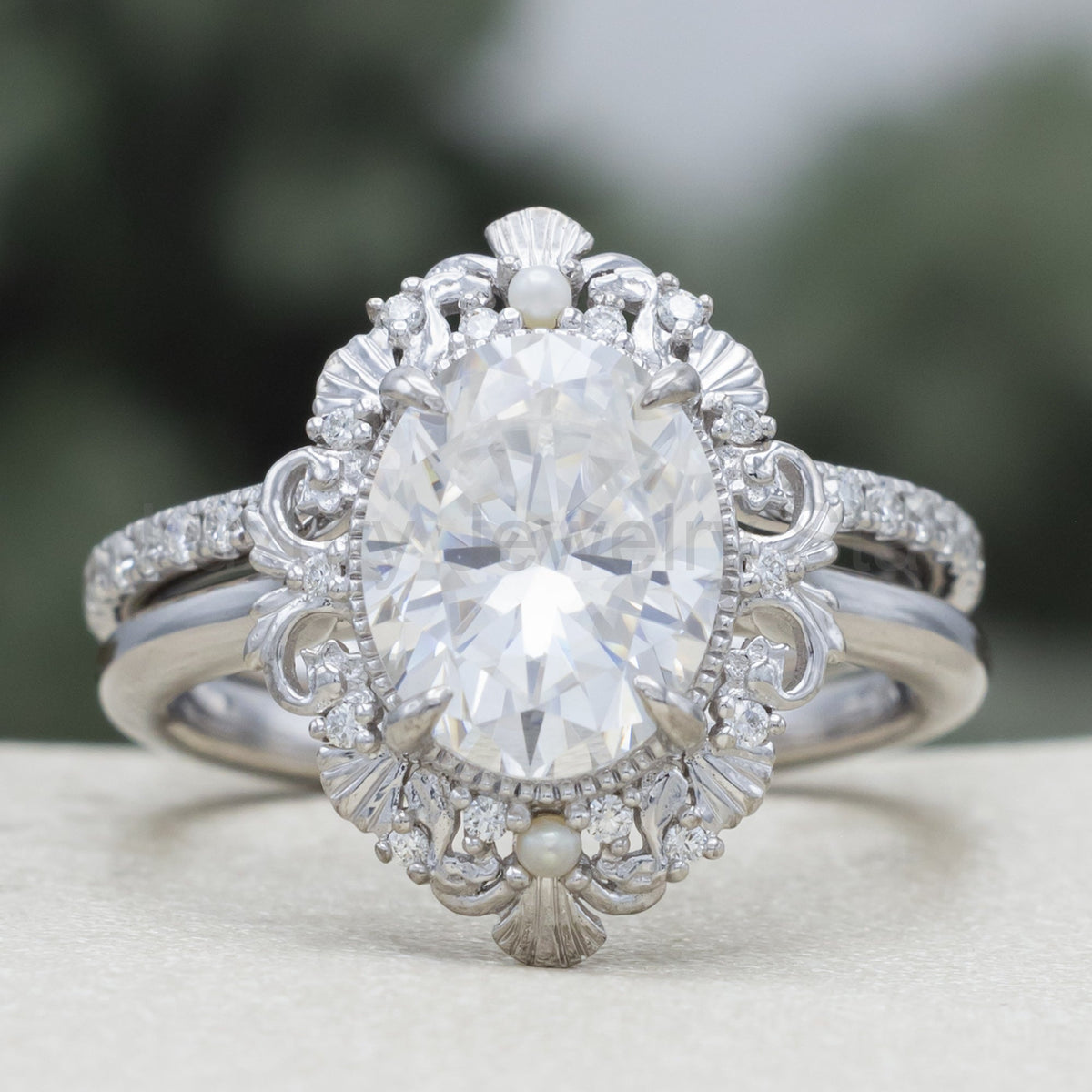 "Merrow" - Moissanite Engagement Ring With Pearl Accents And Diamond Tracer - image 3