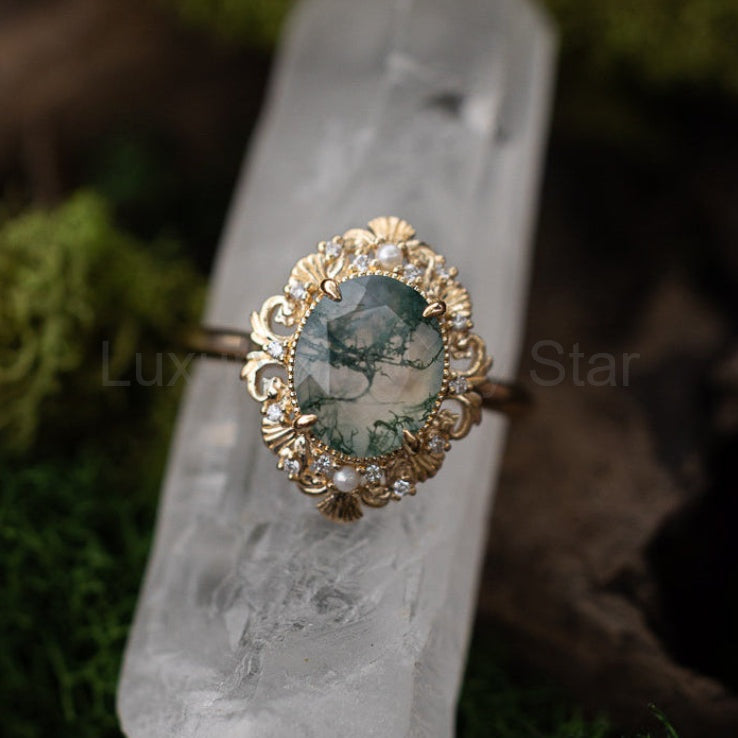 "Merrow" - Oval Cut Moss Agate Engagement Ring With Pearl Accents And Diamond Tracer