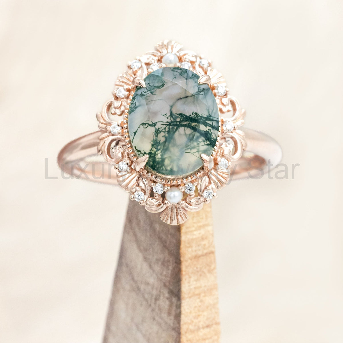 "Merrow" - Oval Cut Moss Agate Engagement Ring With Pearl Accents And Diamond Tracer - image 13
