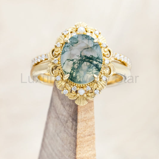 "Merrow" - Oval Cut Moss Agate Engagement Ring With Pearl Accents And Diamond Tracer - image 2