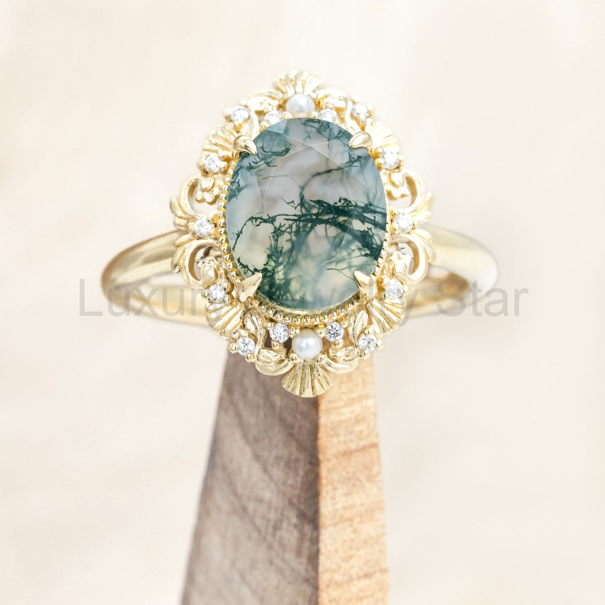 "Merrow" - Oval Cut Moss Agate Engagement Ring With Pearl Accents And Diamond Tracer - image 3
