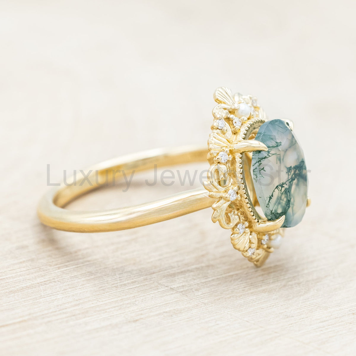 "Merrow" - Oval Cut Moss Agate Engagement Ring With Pearl Accents And Diamond Tracer - image 4