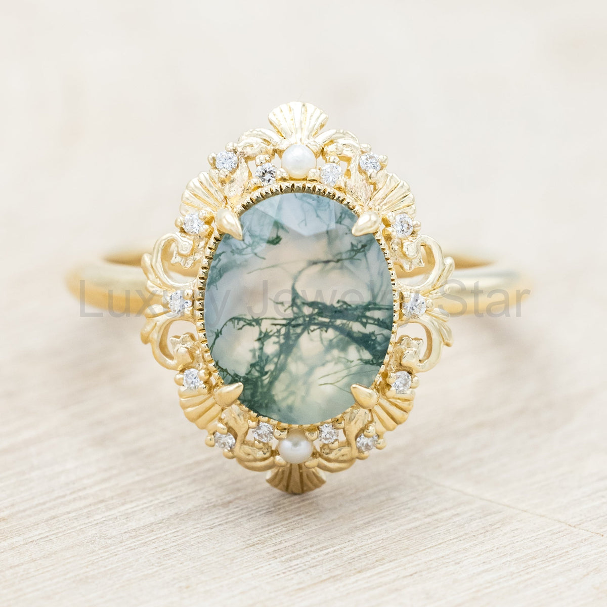 "Merrow" - Oval Cut Moss Agate Engagement Ring With Pearl Accents And Diamond Tracer - image 6