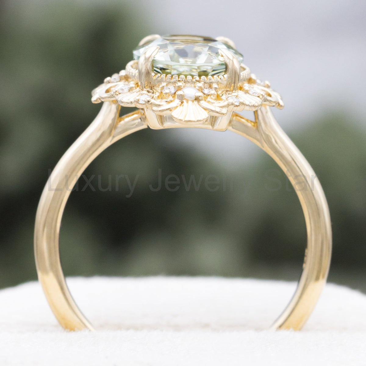 "Merrow" - Oval Cut Prasiolite Engagement Ring With Pearl Accents And Diamond Tracer - image 13