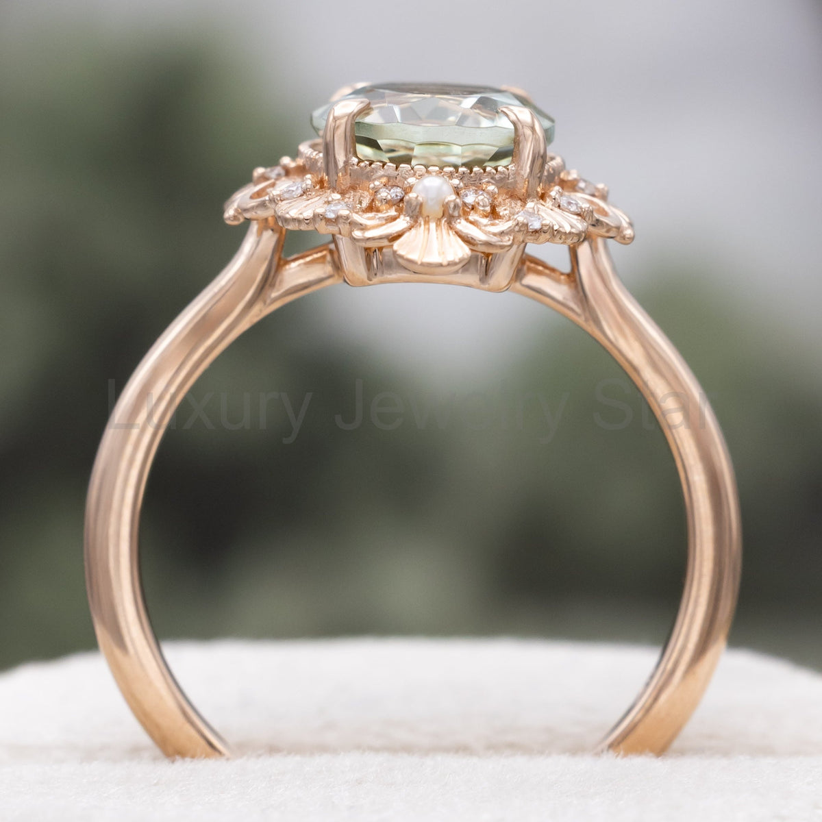 "Merrow" - Oval Cut Prasiolite Engagement Ring With Pearl Accents And Diamond Tracer - image 19